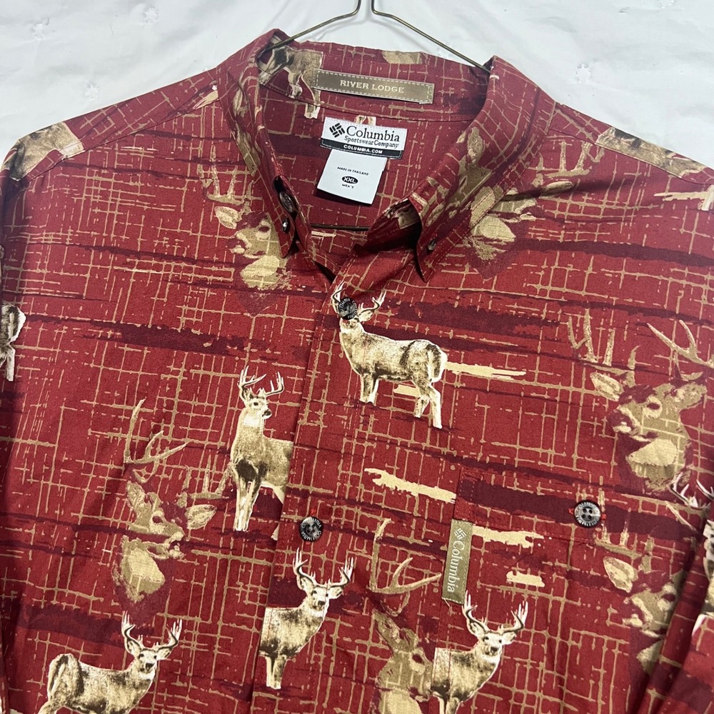 Columbia River Lodge Mens XXL Red Deer Antler Print Cotton Button Down Shirt